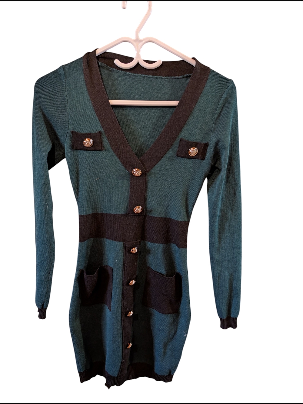 SHEIN Teal V-Neck Long Cardigan with Black Trim